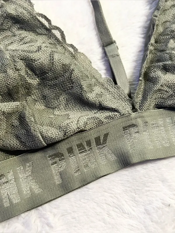 VS PINK Olive Green Lace T-Back Bralette Size Medium Wireless Comfort Bra - Image 3