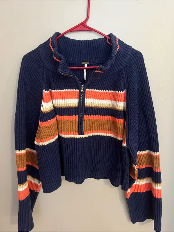Free People Cropped Navy Stripe Half-Zip Turtleneck Sweater - Image 2