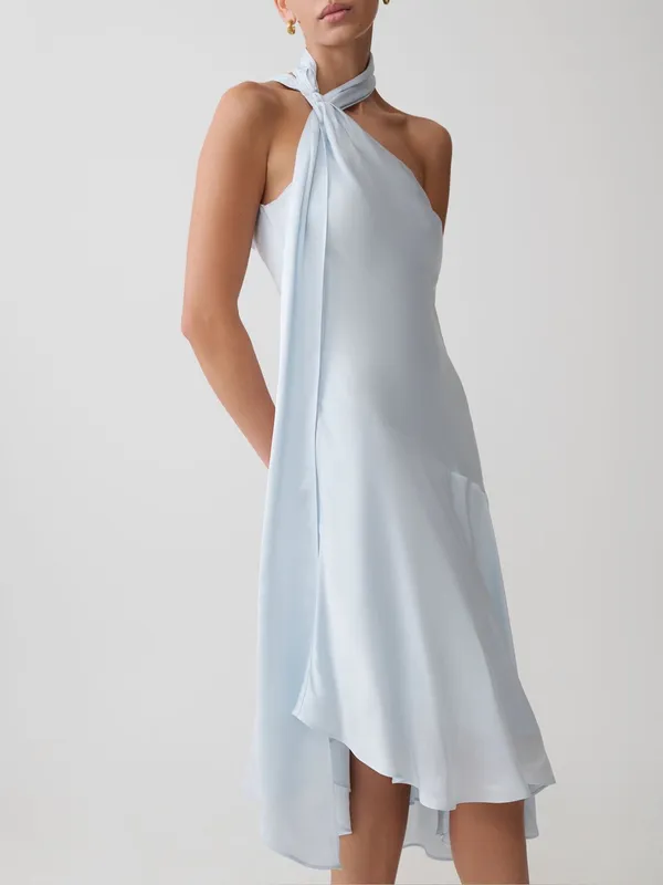 NWT Meshki Evelina Halter Asymmetric Hem Midi Dress Ice Blue Light Blue XS - Image 3