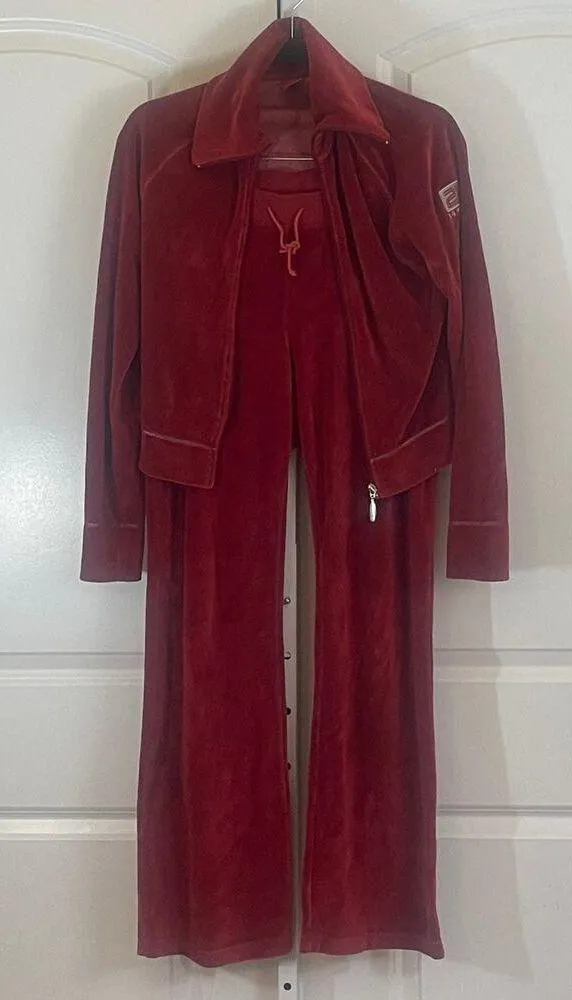 Esprit Y2K Retro Velour Tracksuit - No Size Tag - Red - Image 2