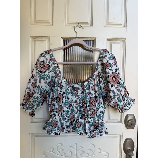 Cleobella Womens Floral Smocked Peplum Puff Sleeve Top White Multi Size Small - Image 2