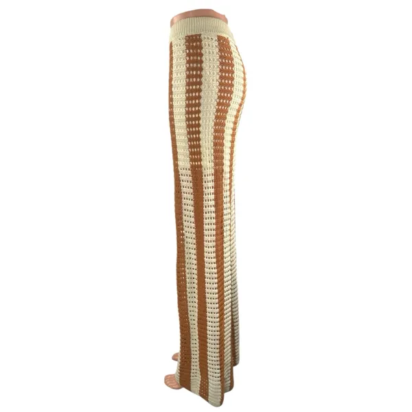 Solitaire Beige Tan Stripe Crochet Open Knit High Rise Wide Leg Trousers Pant XL - Image 2