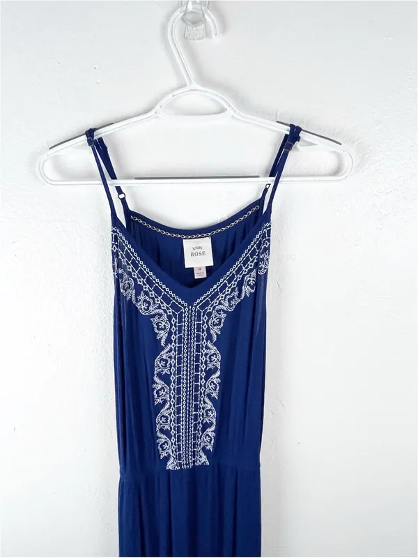 KNOX ROSE Blue V-Neck Embroidered Side Slits Belted Waist Maxi Dress Size Medium - Image 8