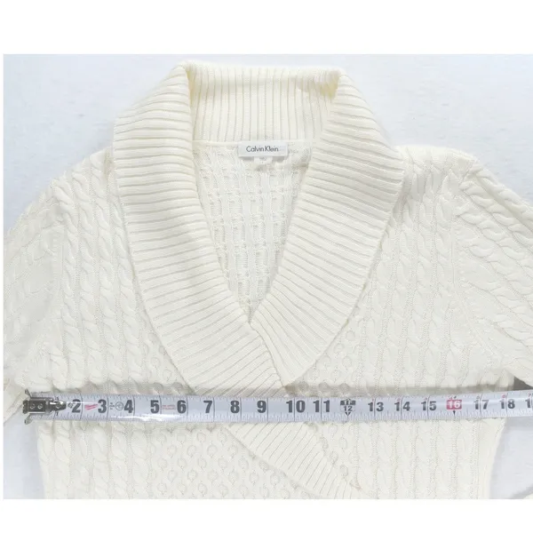 Calvin Klein Womens Cream Cable Knit Shawl Collar Toggle Sweater Dress Large - Image 6
