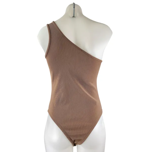 Bacio Women's Brown Rib Knit Sleeveless One Shoulder Yoga Bodysuit Tank Top Sz S - Image 2