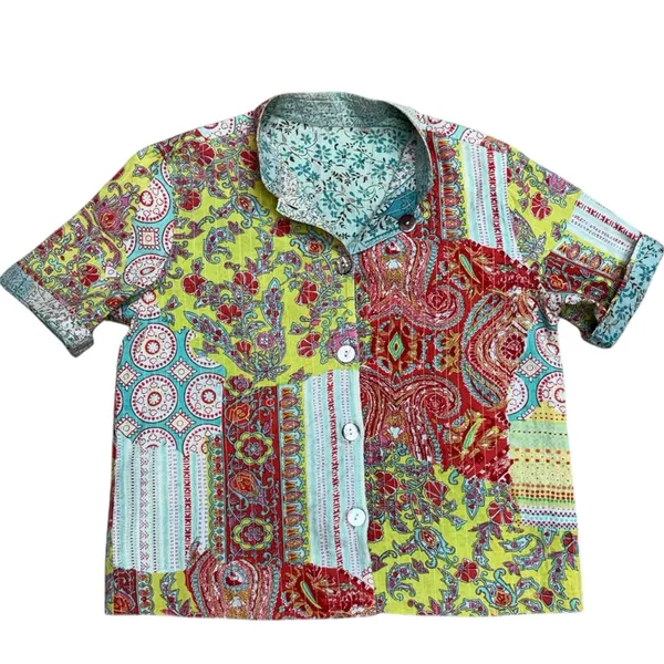 Handmade Reversible Paisley Boho Patchwork Button Top Short Sleeve Medium Fit Red - Image 9