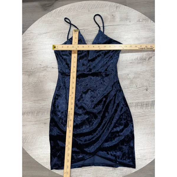 Navy Blue Velvet Bodycon Dress Ruched Wrap Mini Spaghetti Strap Deep V Cocktail - Image 7