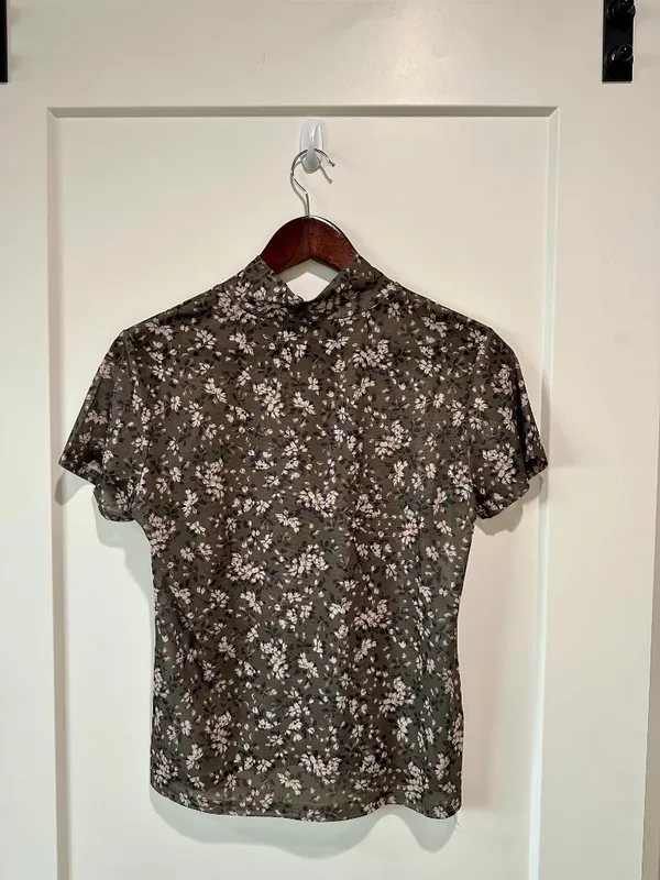 Mia Joy Olive Floral Sheer Mesh Mock Neck Top XL NWOT - Image 2