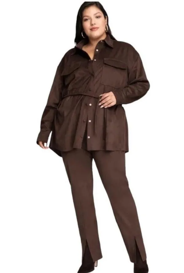 Good American Chocolate Brown Faux Suede Pant Size 8 Boss Split Hem Straight Leg - Image 5