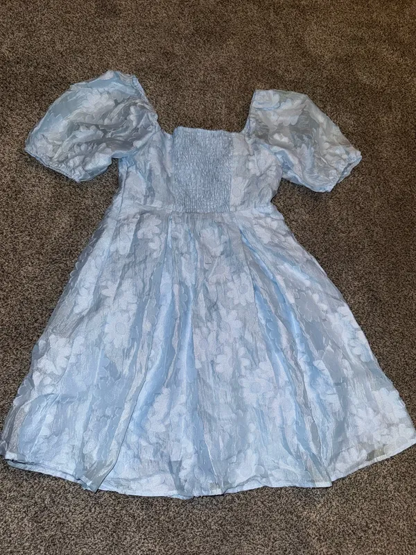 HEYSON Light Blue Jacquard Floral Puff Sleeve Mini Dress Size M NWT - Image 4