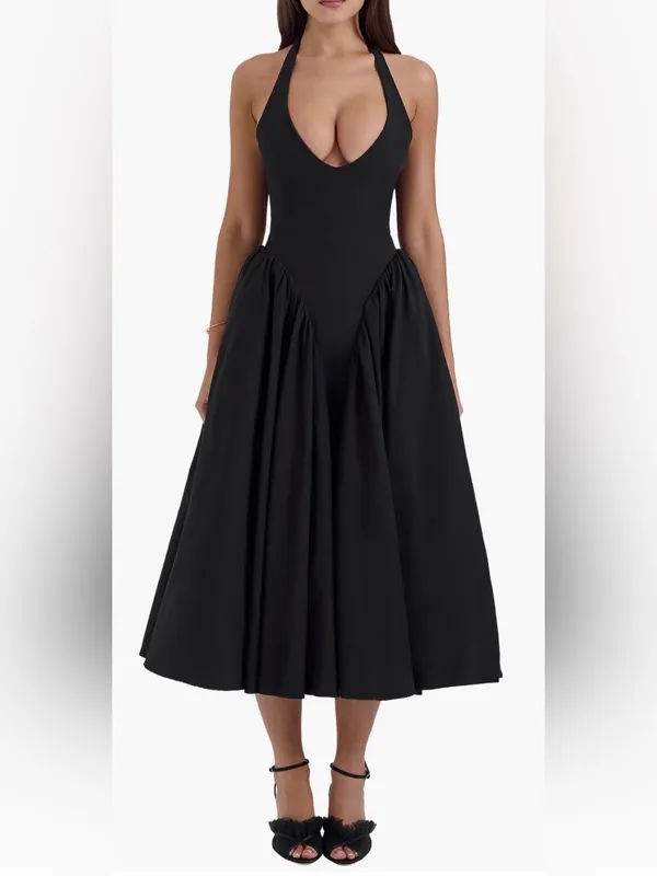 NEW HOUSE OF CB Marilyn Halter Black Midi Dress sz S - Image 2