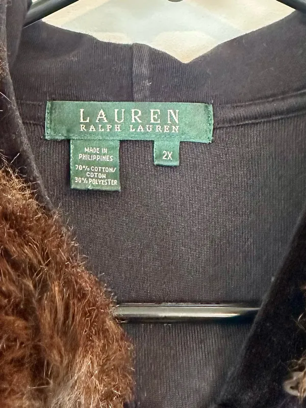 Ralph Lauren Navy Black Velvet Velour Zip Jacket with Removable Faux Fur Trim 2X - Image 2