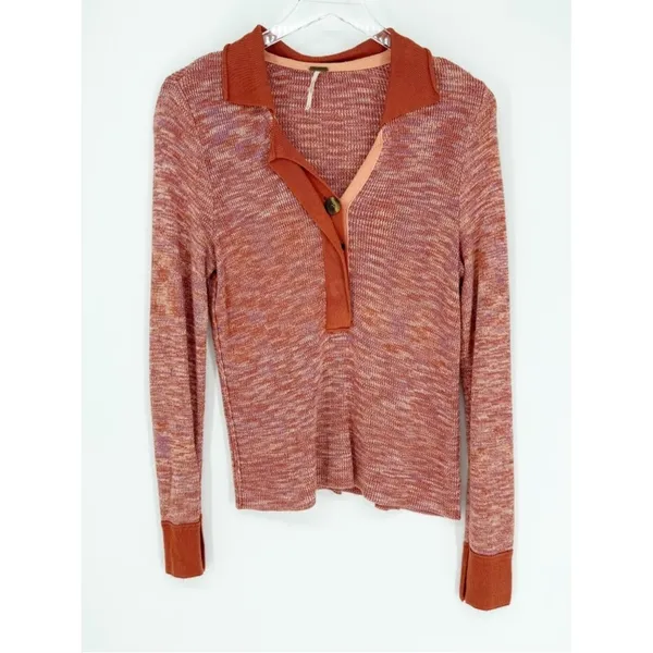 Free‎ People Making Memories Collared Sweater Women's Size L Orange Preppy - Image 2
