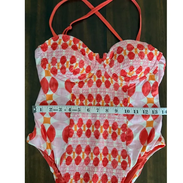 Maeve by Anthropologie Smocked Geometric One Piece Swimsuit Coral‎ Pink Large - Image 6
