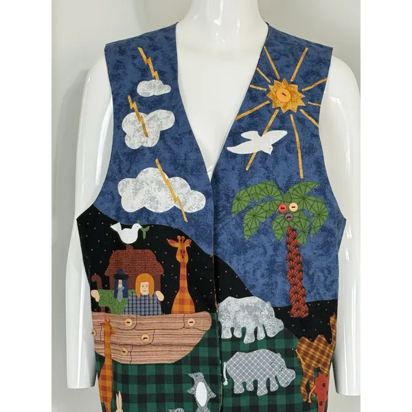 Vintage 90s Handmade Noah’s Ark Patchwork Reversible Vest Women’s Size L Boho - Image 2