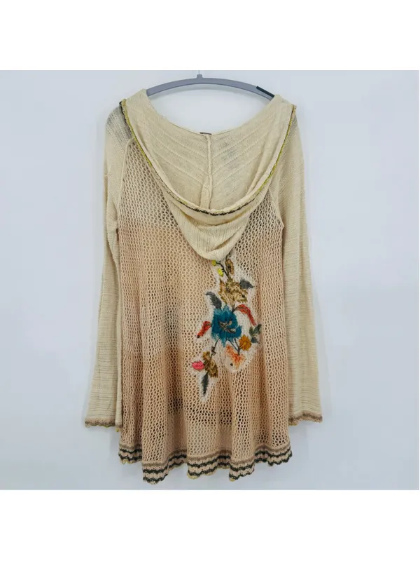Women's Free People Floral Crochet Hooded Sweater Size S Beige Multicolor - Image 4