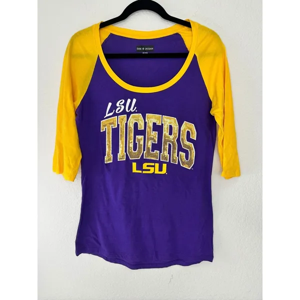 LSU Tigers Women’s Top M Purple Gold Sequin Raglan 3/4 Sleeve Shirt Football - Image 2