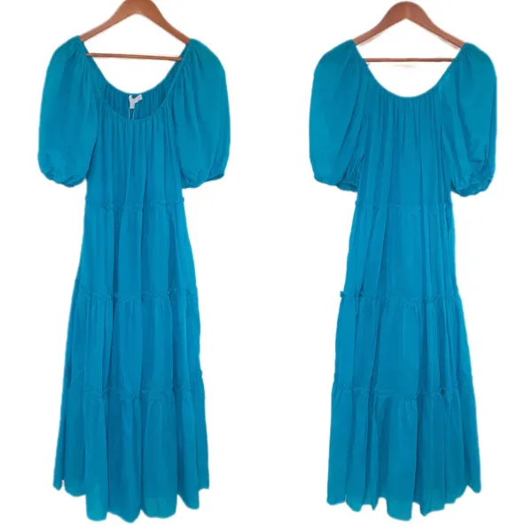 ANTONIO MELANI Puff Sleeve Midi Dress Small Turquoise‎ Blue Tiered Silk Cotton - Image 4
