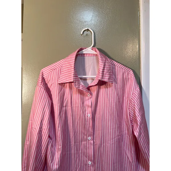 Womens Sz Medium Button Down Shirt Pink White Stripes Satin Long Sleeve Collared - Image 2