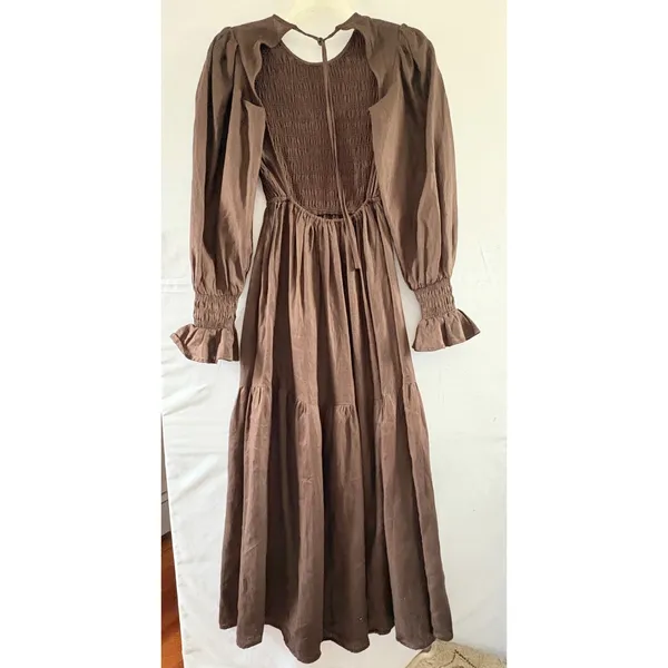 Brown Linen Maxi Dress Smocked Puff Sleeve Tiered Cottagecore DLD11313DBR - Image 2