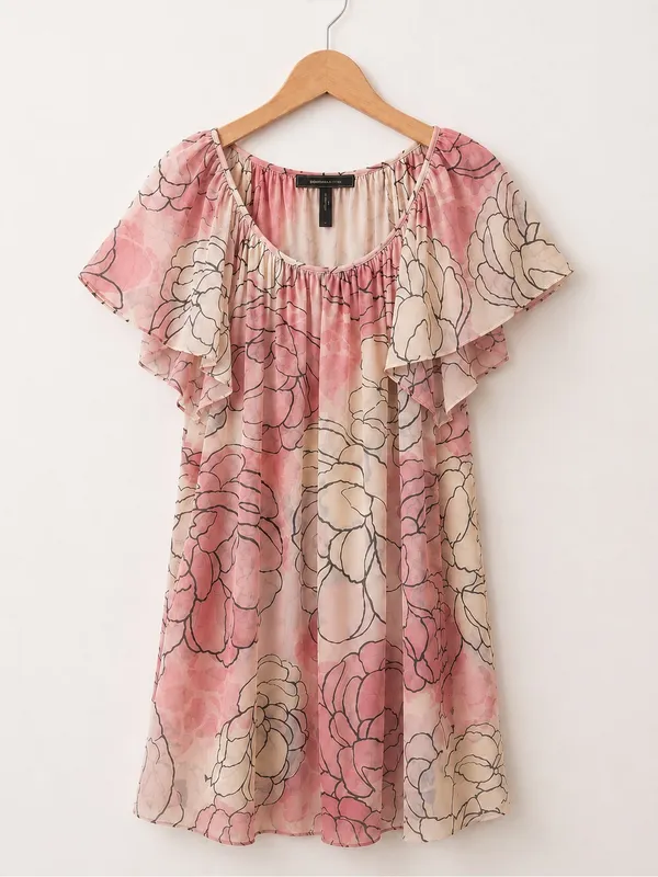 BCBGMaxAzria Boho Blush Pink Floral Mesh Cottagecore Flutter Sleeve Dress - Image 6