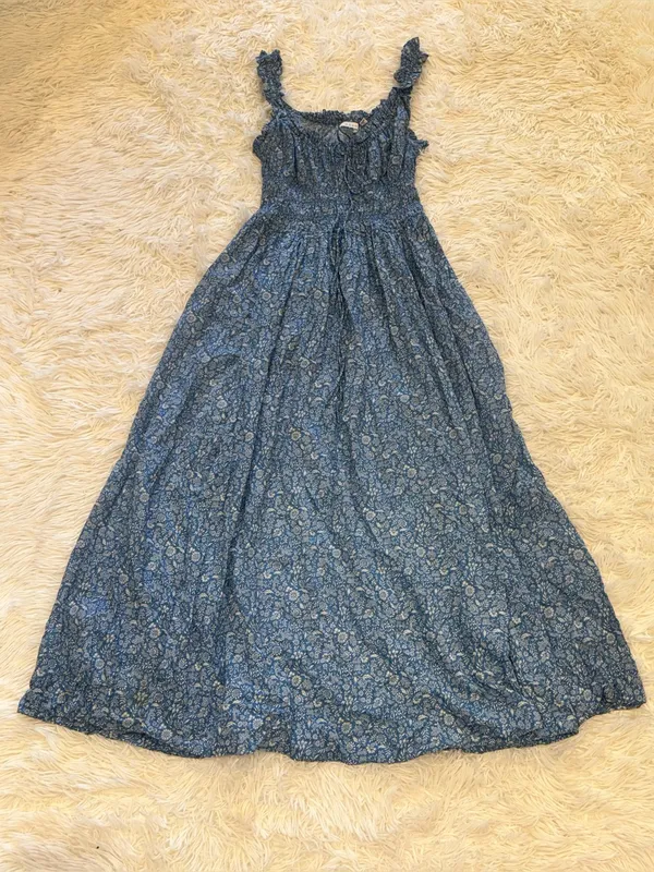 NEW DÔEN Ditsy Floral Organic Cotton Smocked Midi Blue Garden Bloom Dress sz XS - Image 6