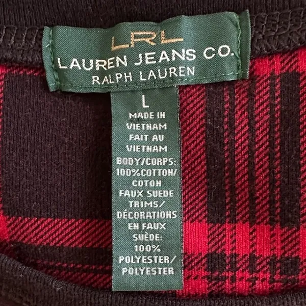 Lauren Ralph Lauren Plaid Top Red Black Shoulder Zip Elbow Patch Size L - Image 9