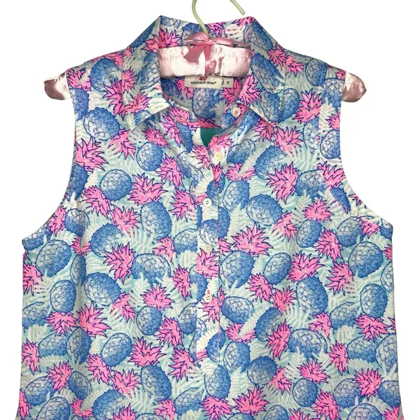 Vineyard Vines Pink Blue Pineapple Linen Dress 10 Resort Wear Golf Beach Pockets - Image 4