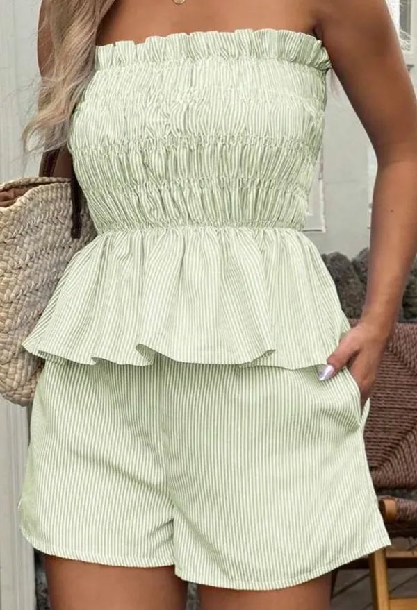 SheIn Women's Summer Beach Vacation 2 Piece Set - Striped Ruffled Bandeau Top And Shorts - Image 4