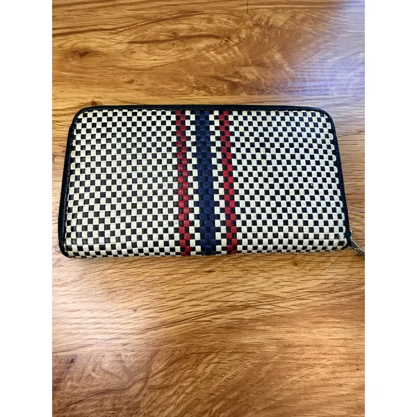 Tory Burch Woven Leather Checkerboard Zip Continental Wallet Navy White OS - Image 4