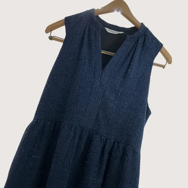 Amanda Uprichard Navy Blue Metallic Tweed Tiered Mini Dress‎ XS Split V-Neck - Image 4