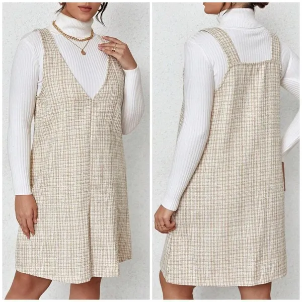 Shein Tan & White Tweed Sleeveless Mini Dress Size M - Image 3