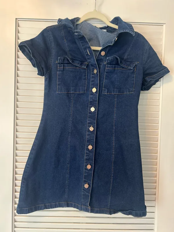 Denim Brass Button Up Mini Dress Blue - Image 2