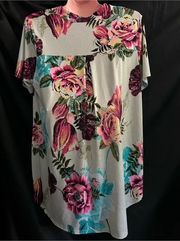 Floral V-Neck Short Sleeve Women's Top in Cream Pink & Teal LG - Image 8