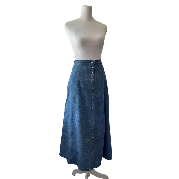 Blue Denim Floral Print Button Front A-Line Midi Skirt - Image 5