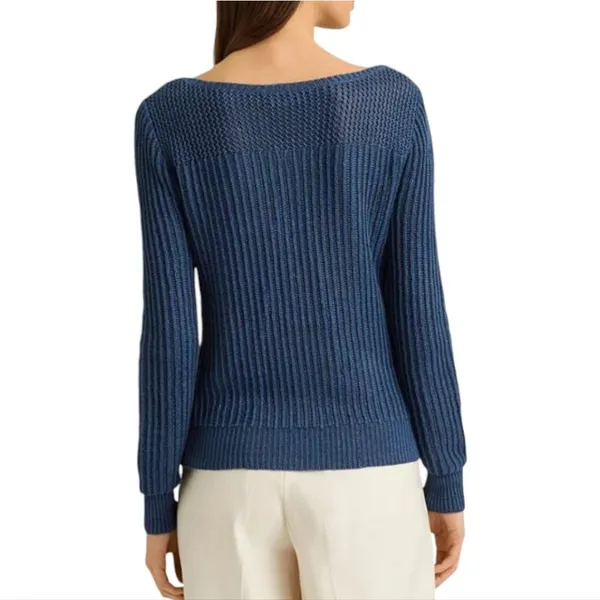 Lauren Ralph Lauren NWOT Mixed Knit Boatneck Sweater 100% Linen Steel Blue Sz XS - Image 7