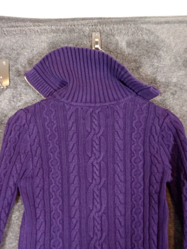 Ralph Lauren Purple Zip-Front Cable Knit Sweater Cotton High Neck Womens S - Image 5