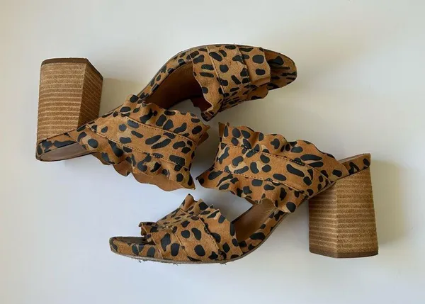 Free People Rosie Ruffle Block Heels in Leopard Print - Image 4