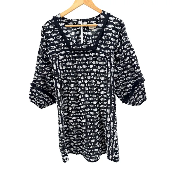 Tuckernuck‎ Piscis Catalans Fish Print Coverup Tunic Dress XS Black White Fringe - Image 2