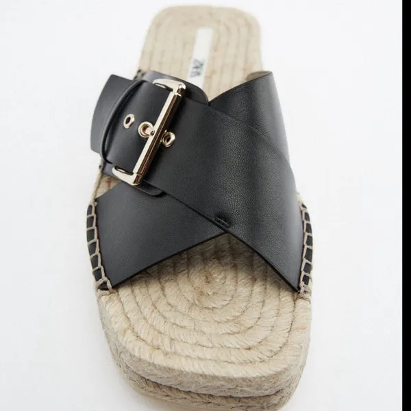 Zara Black Leather Espadrille JUTE WEDGE SANDALS - Image 6