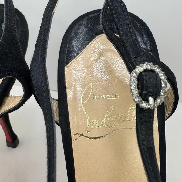 Y2K Christian Louboutin Ernesta Black Satin T-Strap Peep Toe Heels EU 37 - Image 7