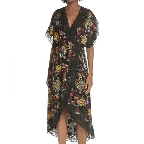 Alice + Olivia Adele Floral Wrap Midi Dress with Lace Trim Black Size 2 - Image 3