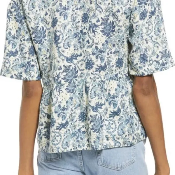 Faherty Womens Salinas Jacobean Top S Floral Lace Up Linen Floaty Blue Aviary - Image 3