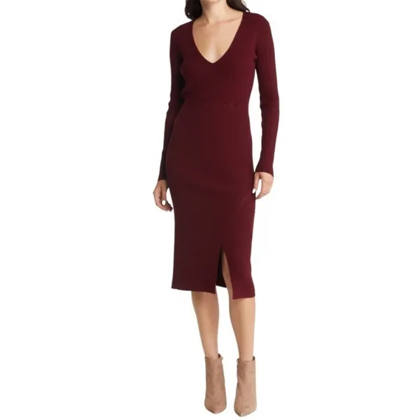NWT Charles Henry Wine Long Sleeve Rib Sweater‎ Dress Women Size Medium - Image 2
