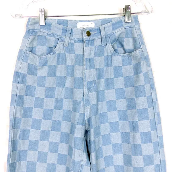 Oak + Fort Checkered Jeans Womens M 24x28 Blue Checkerboard Straight Leg Y2K - Image 4