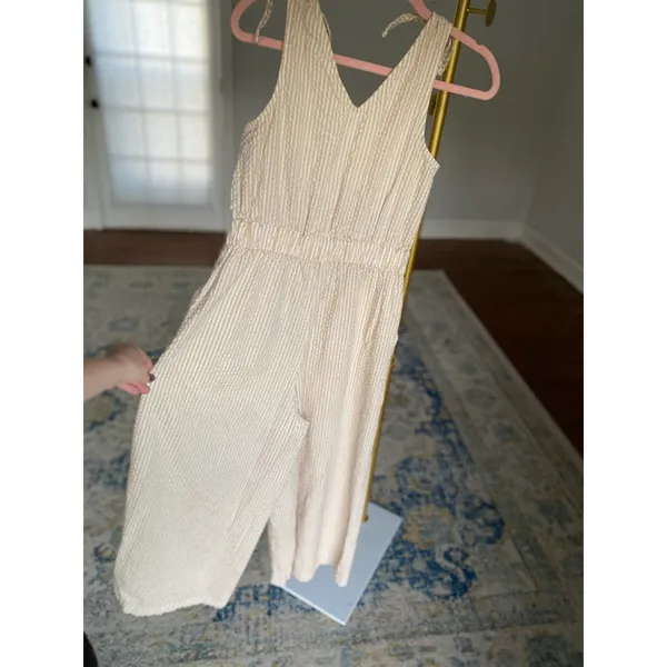 Level Eight Cotton Seersucker Romper Jumpsuit Striped Coastal Minimal Neutral‎ M - Image 3