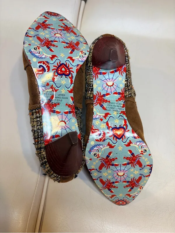 Irregular Choice Brown Suede Tassel Ankle Booties with Tweed Panels - Image 10