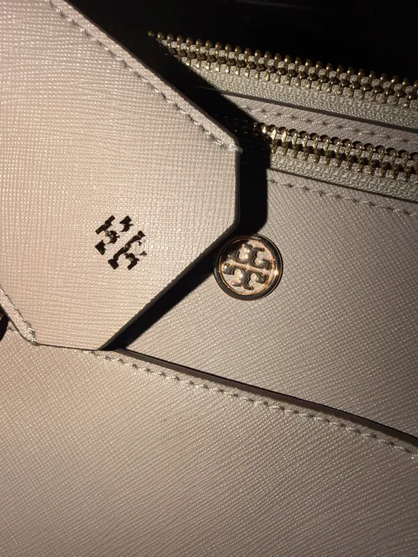 Tory Burch Taupe Gray Structured Tote Bag | Gold Hardware| Large Purse - Image 4