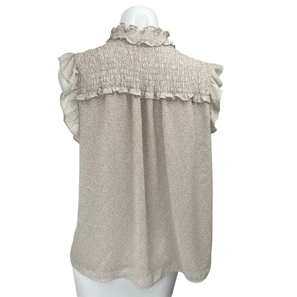 Pleione Women's Beige Printed Ruffle Smocked Tie Sleeveless Blouse Top Size M - Image 2