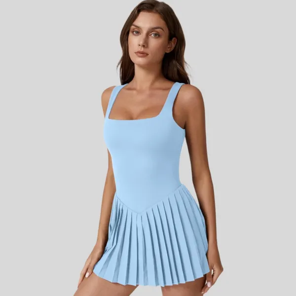 NWT QINSEN Light Blue Tennis Golf Dress Pleated Square Neck w/ Shorts XL - Image 4